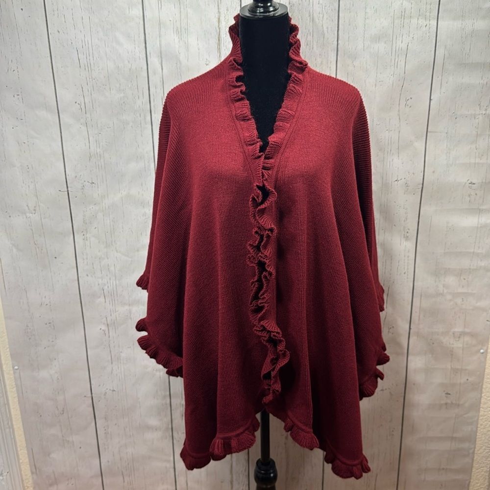 Alpaca Wool 100% Womens Ruffle Trim Wrap Knit Cozy Burgundy Open Front Poncho